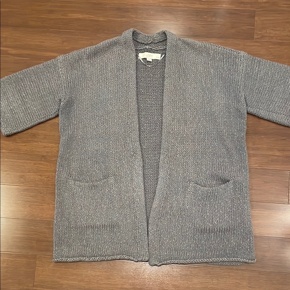 Ann Taylor LOFT Gray Cardigan Sweater with Ribbed Knit and Open Front